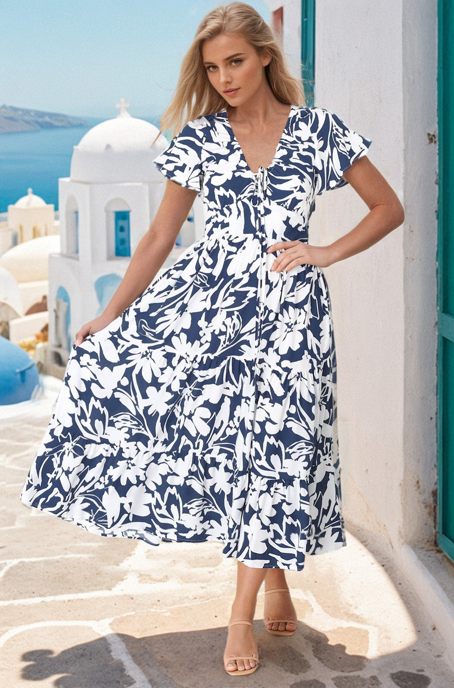 Tea Midi Dress - Pull In V Neckline Dress with Cap Sleeves in Charis Print Blue