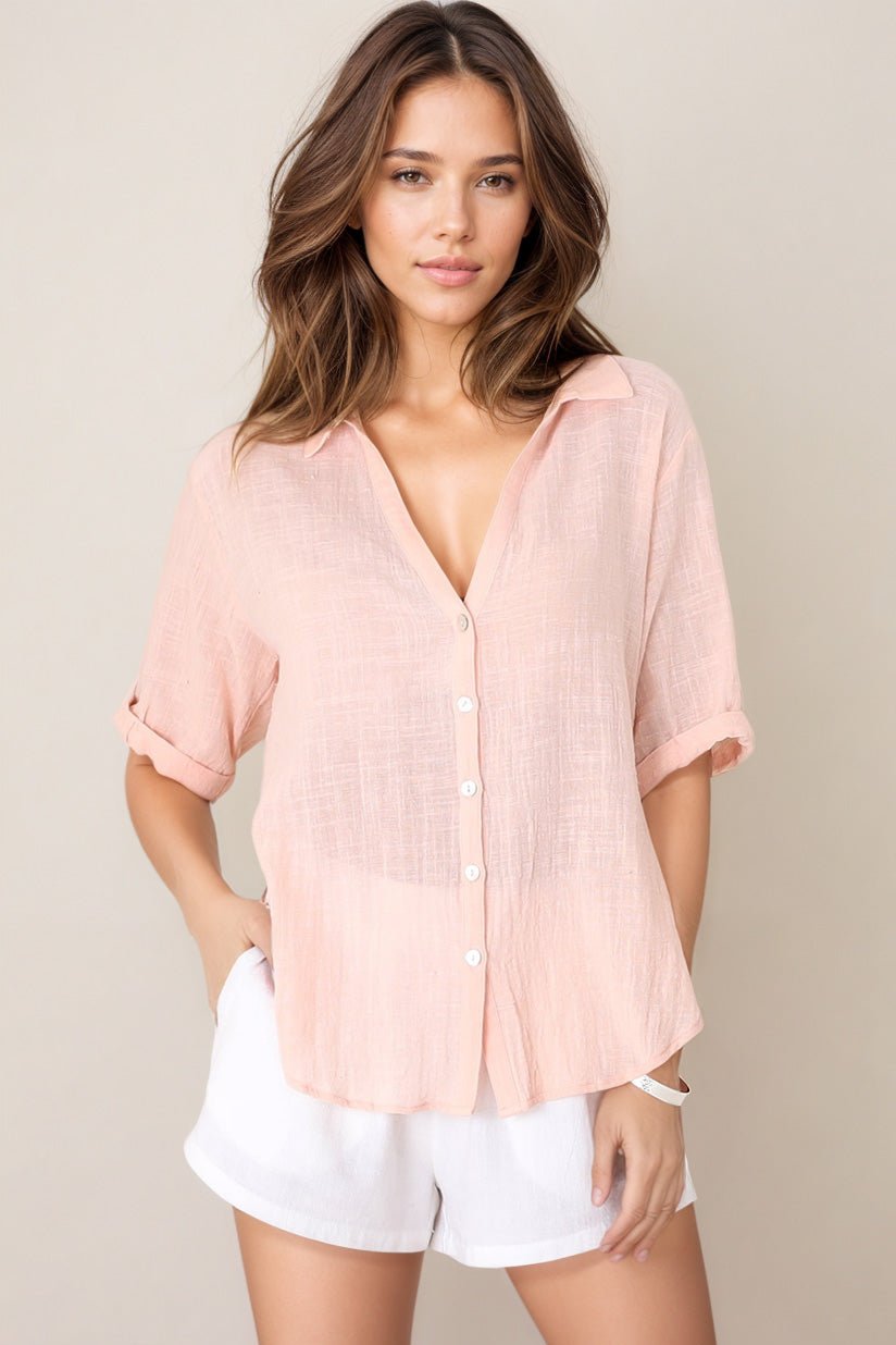 Shelly Shirt - Linen Collared Button Down Shirt in Pink