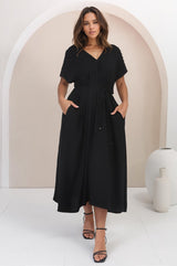 Ashanti Midi Dress - Pin Tuck V Neck Pull Over Dress with Waist Tie in Black