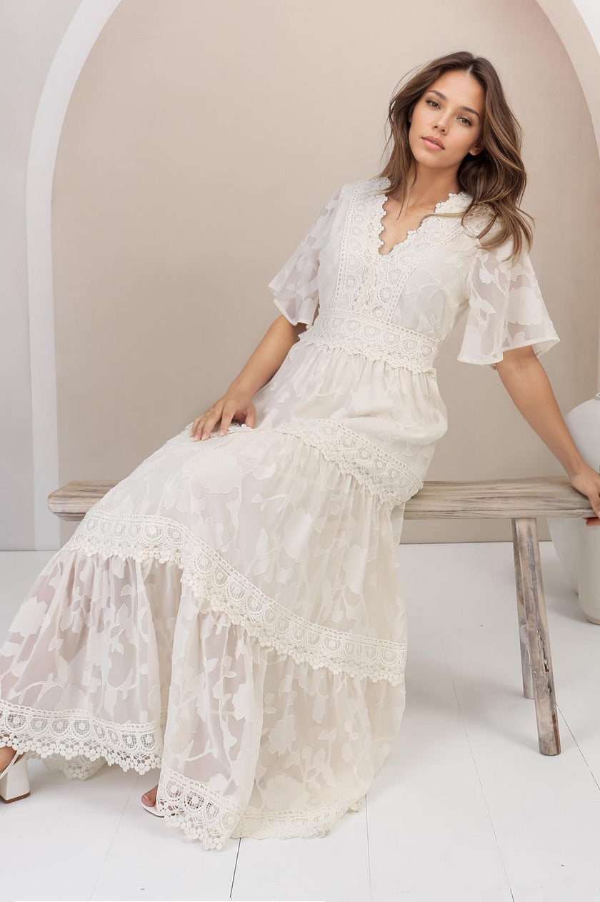 Madeline Maxi Dress - Lace Trim Embroidered A Line Dress in Cream