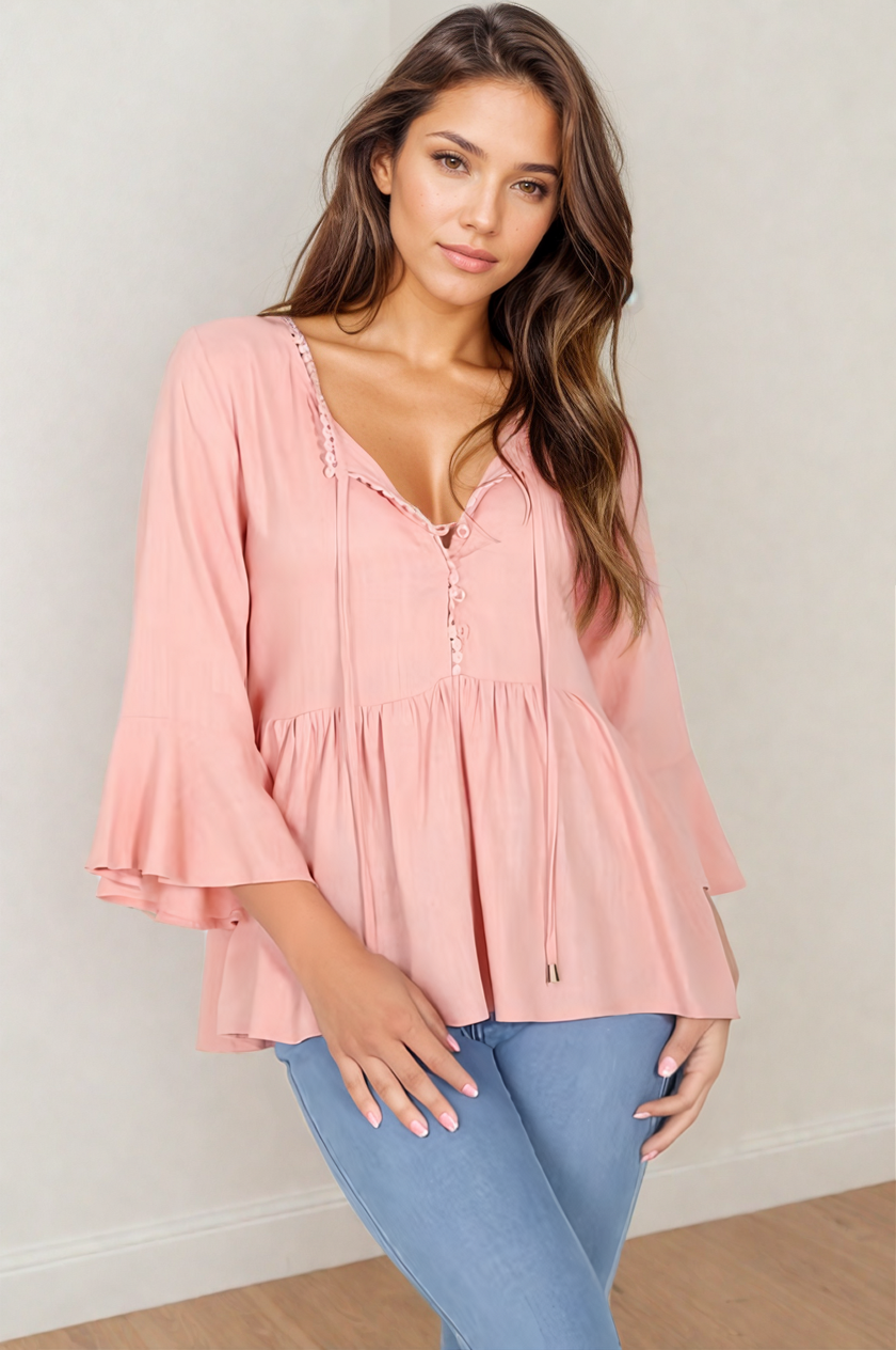 Sandy Top - Crochet Neckline Buttoned Bodice Flare Sleeve Smock Top in Pink