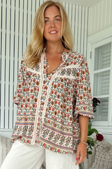 JAASE - Bee Blouse: Lace Decal Button Down 3/4 Sleeve Blouse in Harlowe Print