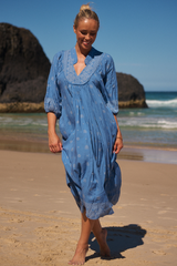 JAASE - Boheme Midi Dress: Piping Defined Bust Slimline Smock Dress in Azure Sky Print