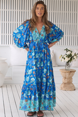 JAASE - Catalonia Maxi Dress: Batwing Sleeve Button Down Smock Dress in Love In Mist Print