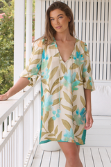 Jaase -  Lake Mini Dress: V Neck Shift Dress With Balloon Sleeves in Himalayan Poppy Print