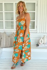 JAASE - Heidi Midi Dress: Tiered Sun Dress with Crochet Splicing in Aqua Fields Print