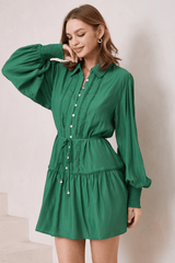 Abby Mini Dress - A Line Long Balloon Sleeve Dress in Emerald Green