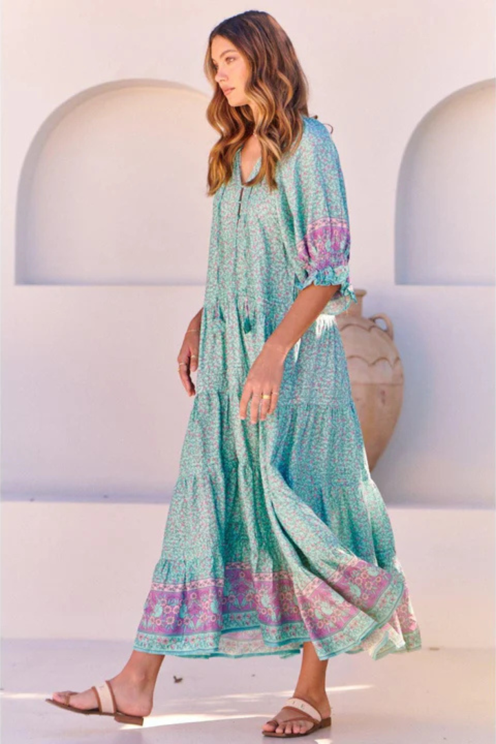 JAASE - Woods Maxi Dress - V neckline with Neck Tie Detail Dress in Aqua Love Birds Print