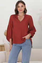 Elza Blouse - Mandarin Collar High Low Pull Over Blouse in Rust