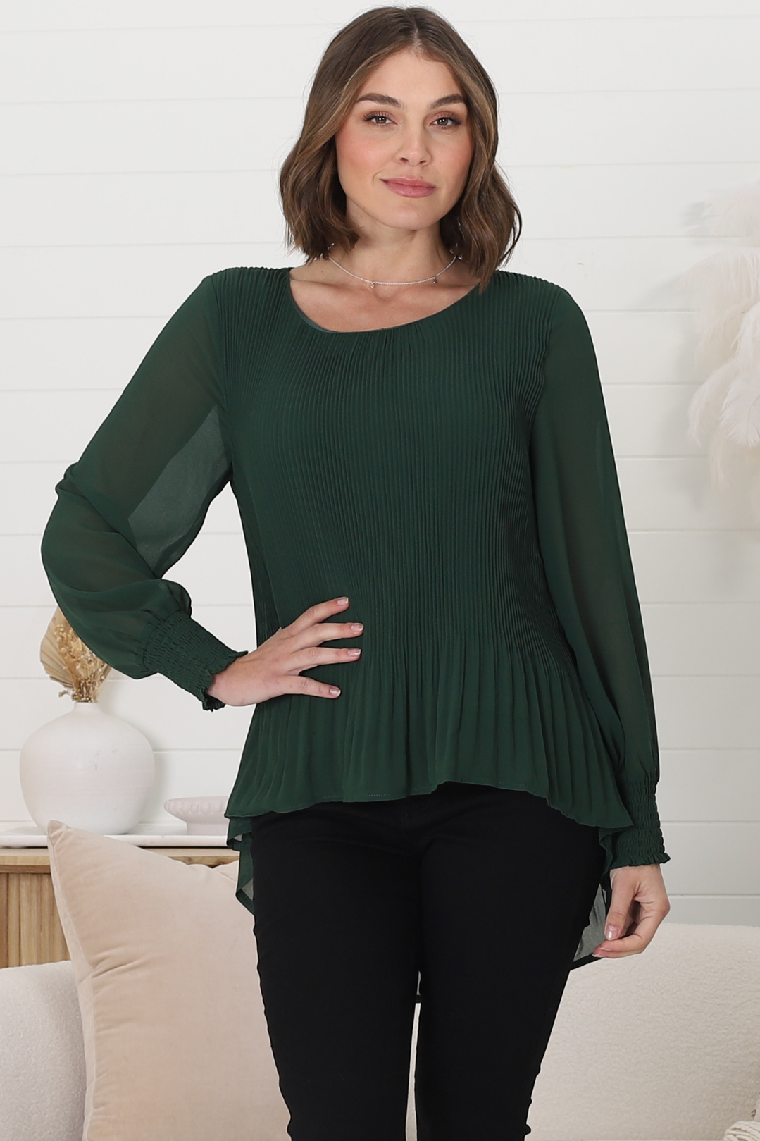 Kayt Blouse - Plisse Long Sleeve Top with High-Low Hemline in Green