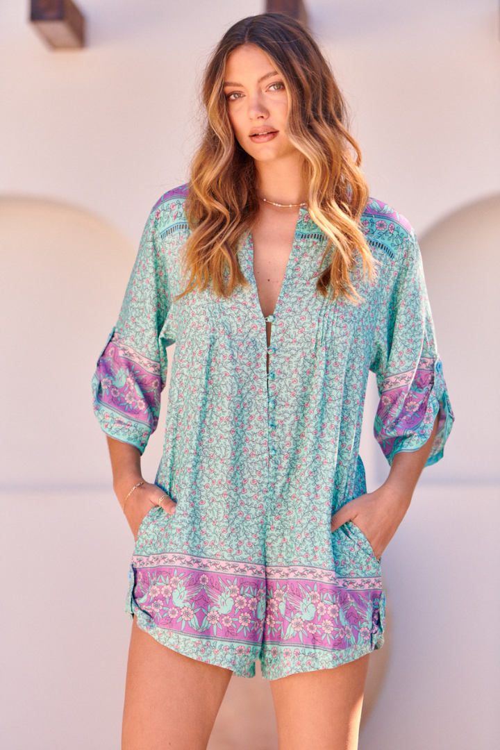 JAASE - Brinley Playsuit: Mandarin Collar with Buttoned Down Front in Aqua Love Birds Print