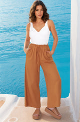 Armon Pants - Paper Bag Waist with Tie Wide Leg Pants in Rust