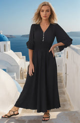 Alba Maxi Dress - Buttoned Bodice A Line Dress in Black