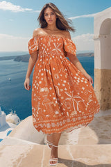 Shira Midi Dress - On Or Off Shoulder Elasticated Bodice Dress With Short Balloon Sleeves In Embry Print Orange