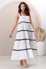 Bailie Maxi Dress - Rick Rack Detailed Sun Dress with Pockets in White