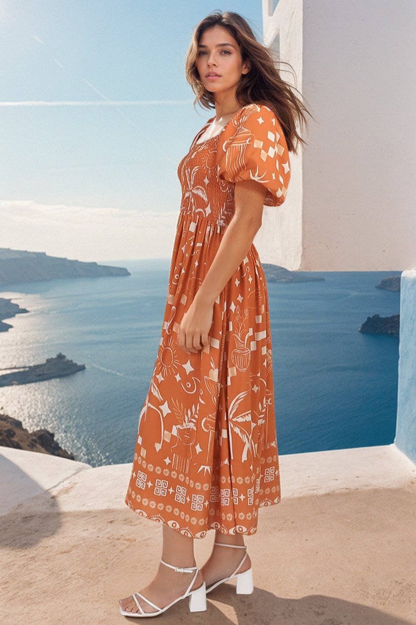 Shira Midi Dress - On Or Off Shoulder Elasticated Bodice Dress With Short Balloon Sleeves In Embry Print Orange