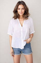 Shelly Shirt - Linen Collared Button Down Shirt in White