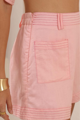 Amanda Shorts - Elasticated Back Waist Contrast Stitched Shorts in Pink