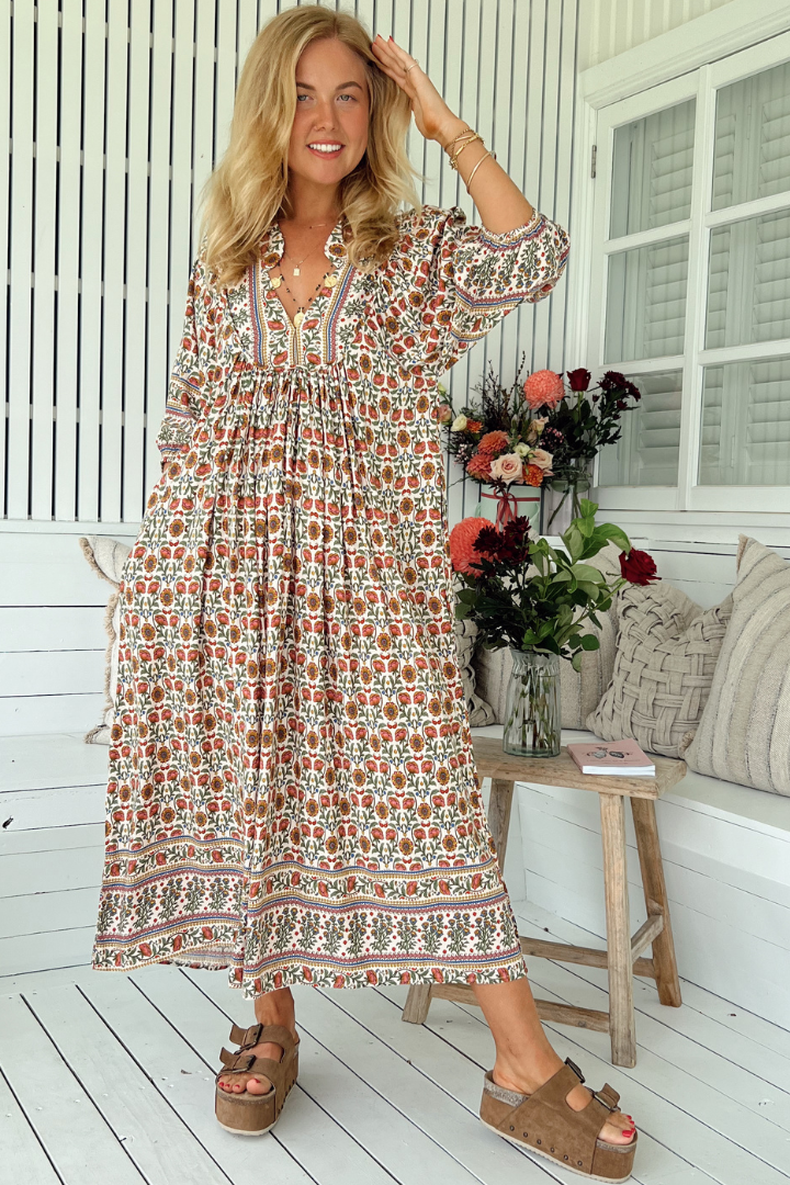 JAASE - Boheme Midi Dress: Piping Defined Bust Slimline Smock Dress in Harlowe Print