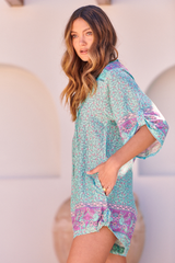 JAASE - Brinley Playsuit: Mandarin Collar with Buttoned Down Front in Aqua Love Birds Print