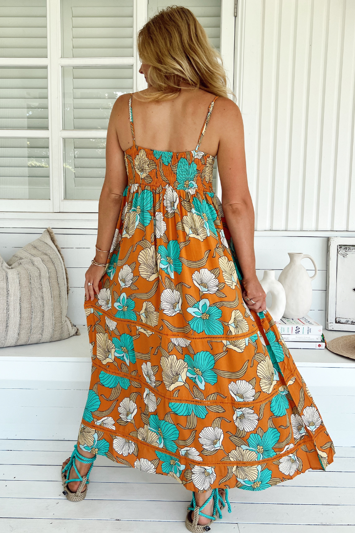 Heidi Midi Dress - Tiered Sun Dress with Crochet Splicing in Aqua Fields Print