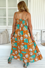 JAASE - Heidi Midi Dress: Tiered Sun Dress with Crochet Splicing in Aqua Fields Print