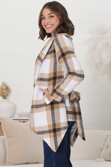 Clooney Coat - Checkered Collared Coat with Matching Belt in Beige