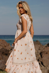 JAASE - Carmen Maxi Dress: Butterfly Cap Sleeve Button Down A Line Dress with Lace Trim in Vintage Sol Print