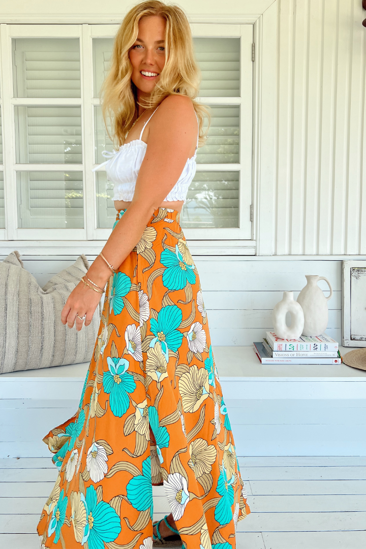 JAASE - Rocky Maxi Skirt: High Waisted Maxi Skirt in Aqua Fields Print