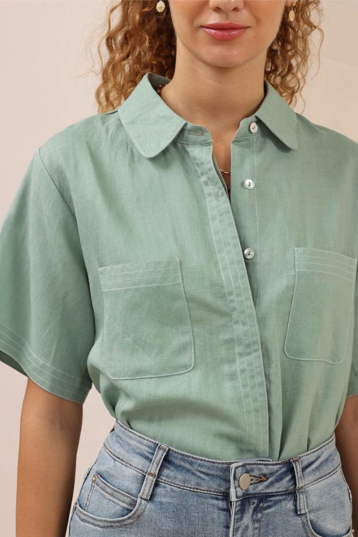 Amanda Shirt - Collared Button Down Shirt with Contrast Stitching in Sage
