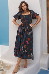 Shira Midi Dress - On Or Off Shoulder Elasticated Bodice Dress With Short Balloon Sleeves In Kalista Print Navy