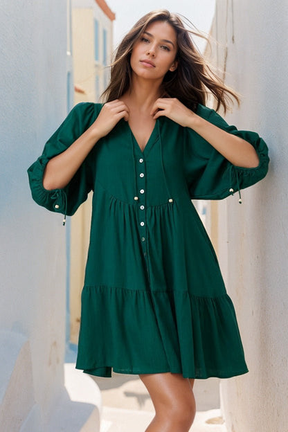 Lea Mini Dress - 3/4 Sleeve Babydolll Dress in Green