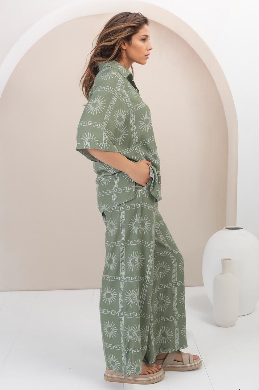 Rayane Collared Shirt and Pants Set - Astra Print in Green