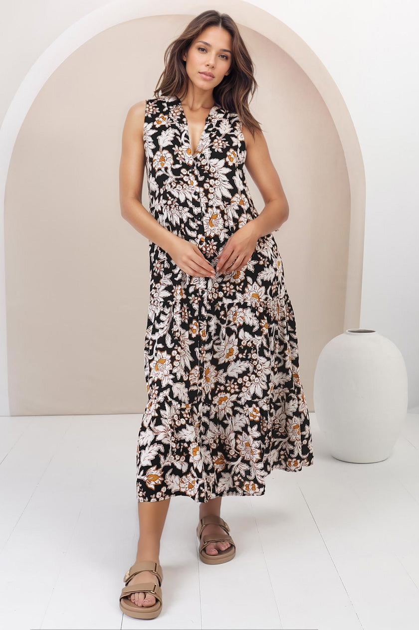 Acelle Midi Dress - Sleeveless Bermuda Collar Button Down Dress in Torah Print