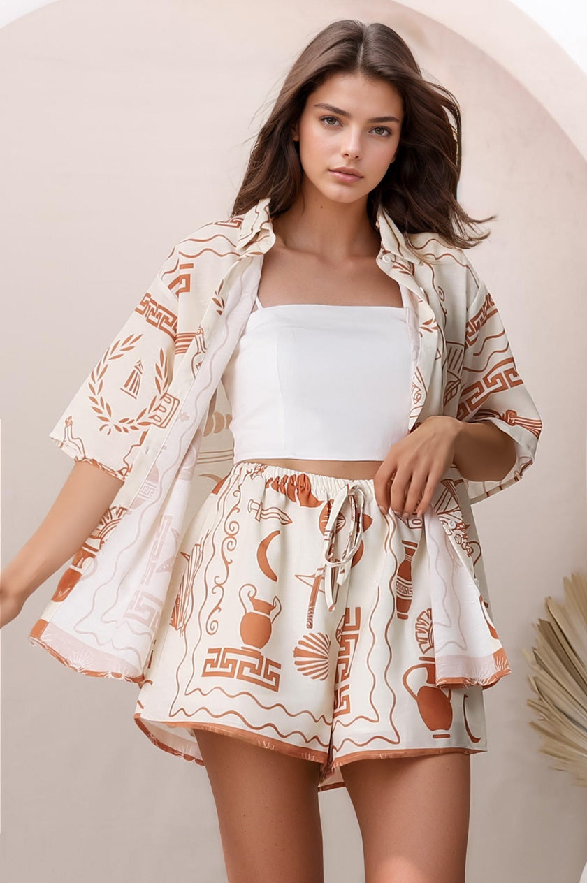 Mirian Button Up Shirt And Shorts Set - Piper Print in Tan