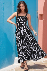 Bailie Maxi Dress - Rick Rack Detailed Sun Dress with Pockets Daley Print in Black