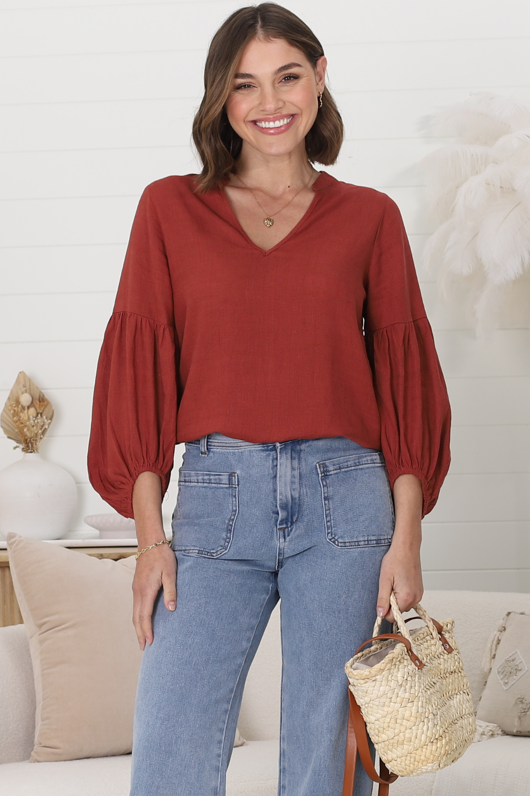 Elza Blouse - Mandarin Collar High Low Pull Over Blouse in Rust