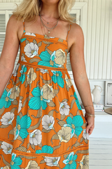 JAASE - Heidi Midi Dress: Tiered Sun Dress with Crochet Splicing in Aqua Fields Print