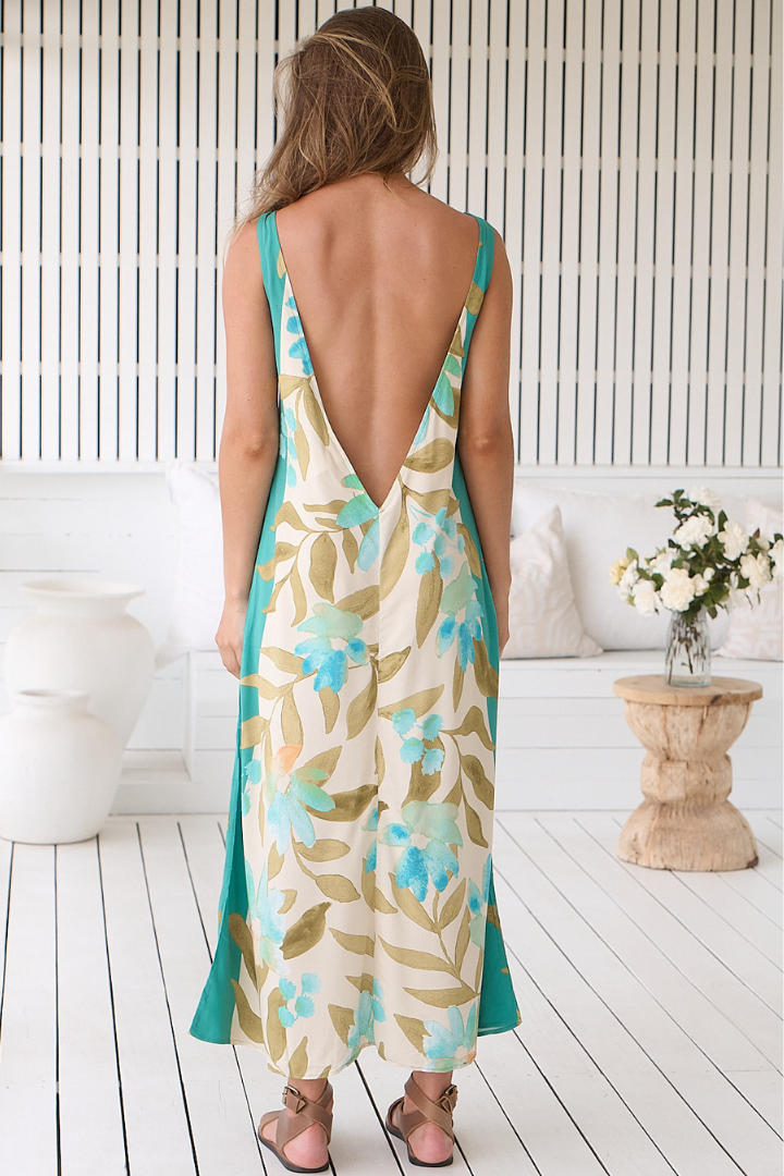 JAASE - Amira Maxi Dress: Crew Neckline with Deep V Open Back Dress in Himalayan Poppy Print