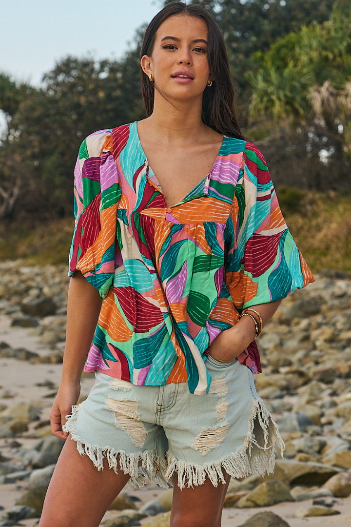 JAASE - Indira Top: Mandarin Collar Deep V Neck Top In Soiree Print