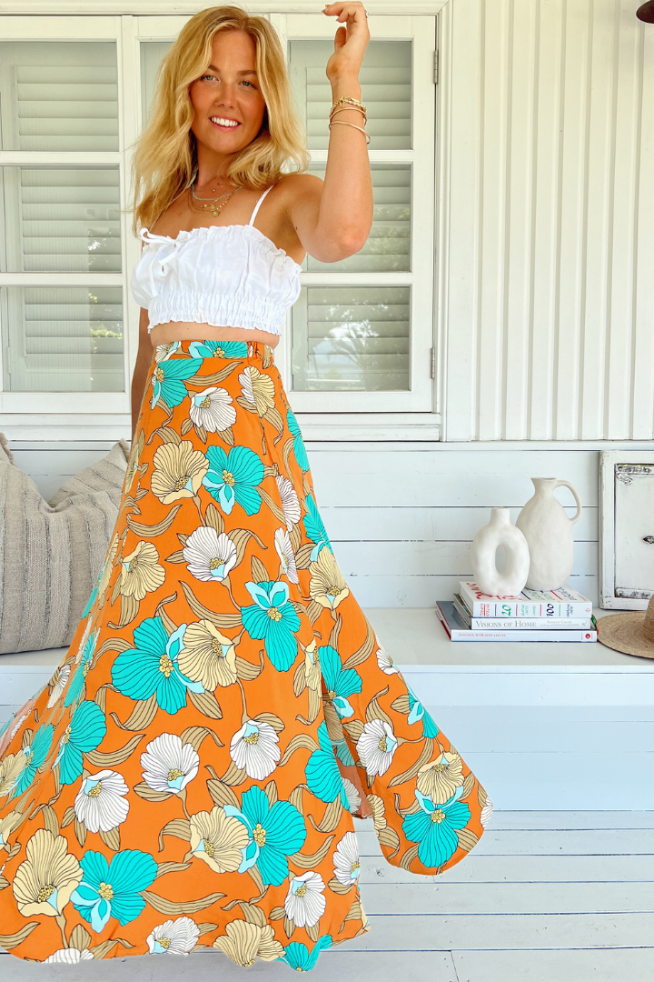 JAASE - Rocky Maxi Skirt: High Waisted Maxi Skirt in Aqua Fields Print