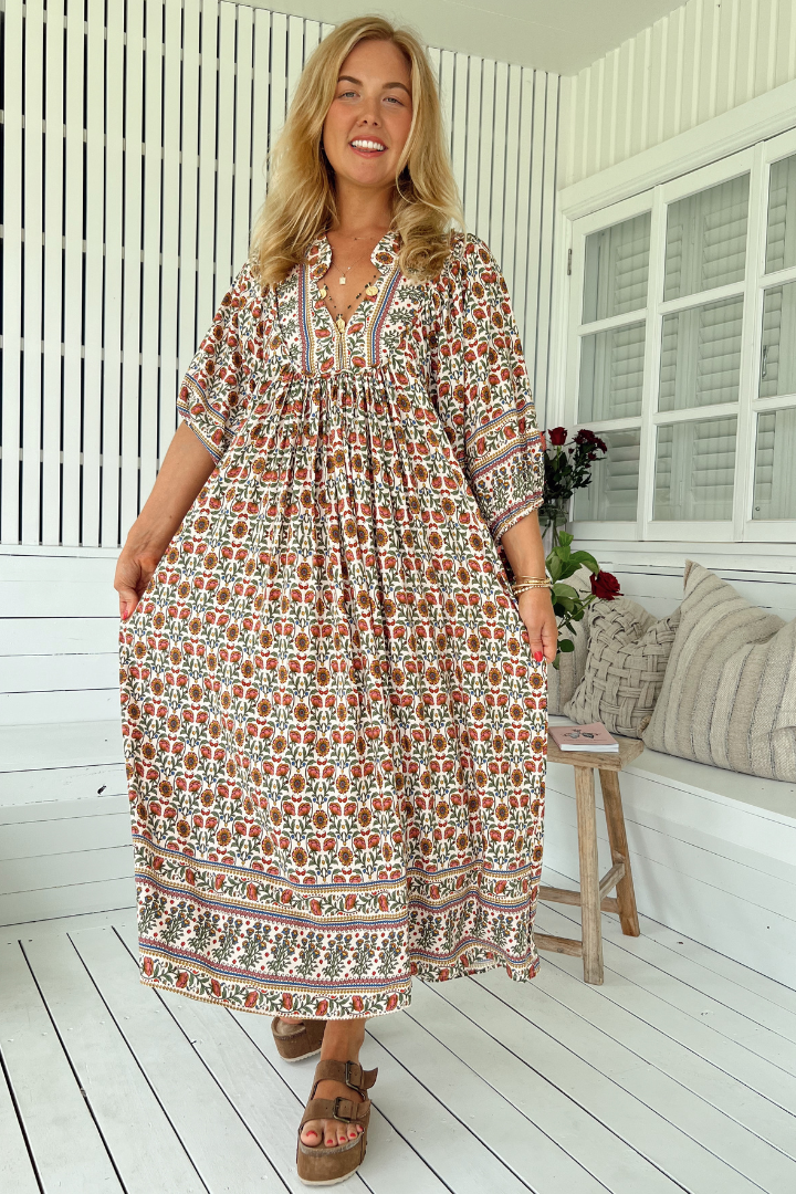 JAASE - Boheme Midi Dress: Piping Defined Bust Slimline Smock Dress in Harlowe Print