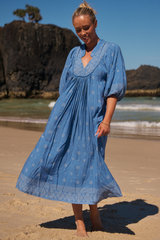 JAASE - Boheme Midi Dress: Piping Defined Bust Slimline Smock Dress in Azure Sky Print