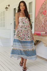 JAASE - Heidi Midi Dress: Tiered Sun Dress with Crochet Splicing in Pixie Petals Print