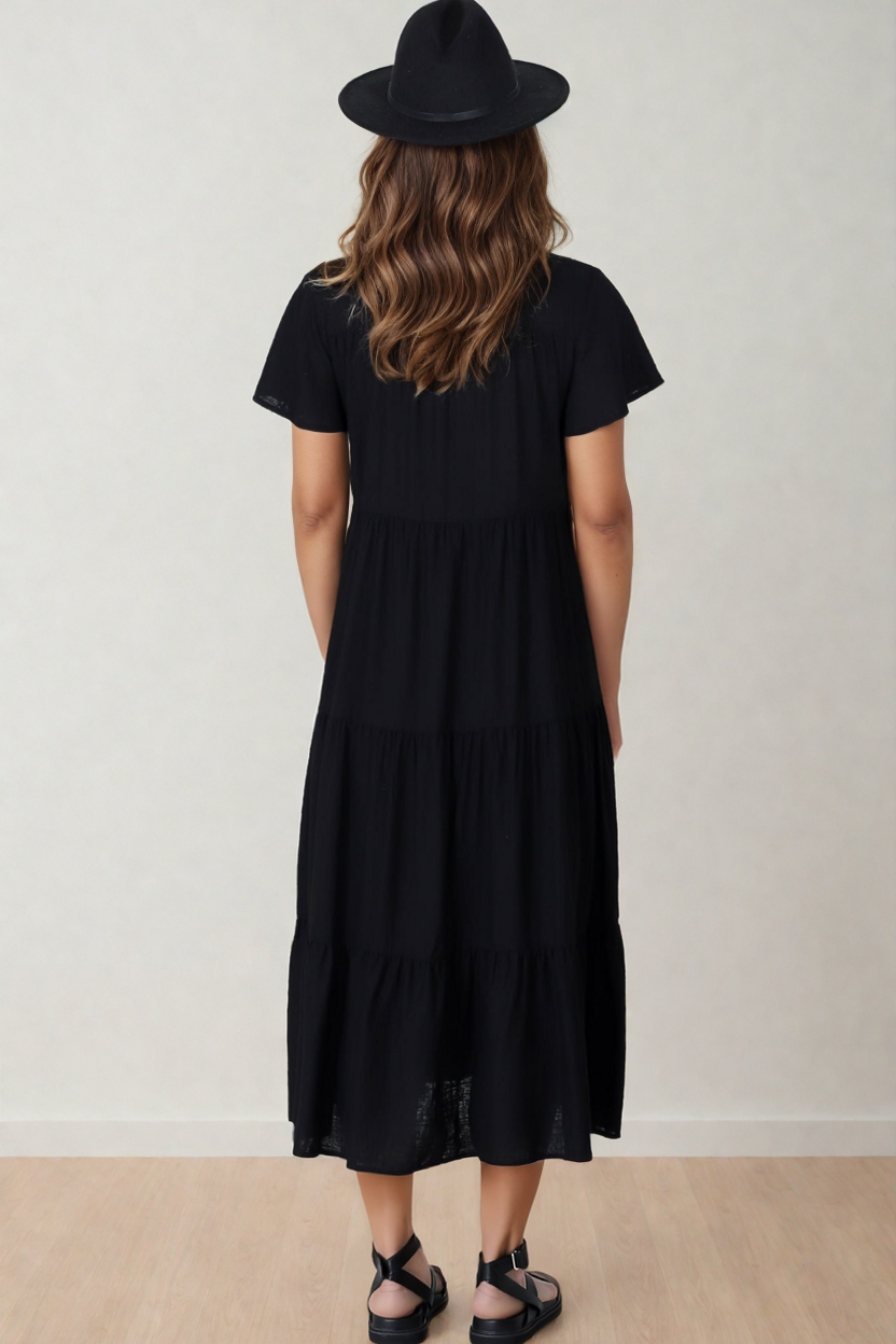 Milla Midi Dress - Tiered Cap Sleeve Button Down Linen Dress in Black