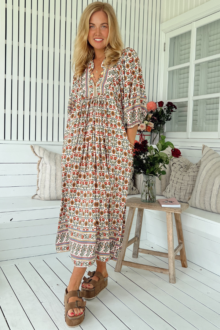 JAASE - Boheme Midi Dress: Piping Defined Bust Slimline Smock Dress in Harlowe Print