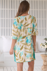 Jaase -  Lake Mini Dress: V Neck Shift Dress With Balloon Sleeves in Himalayan Poppy Print