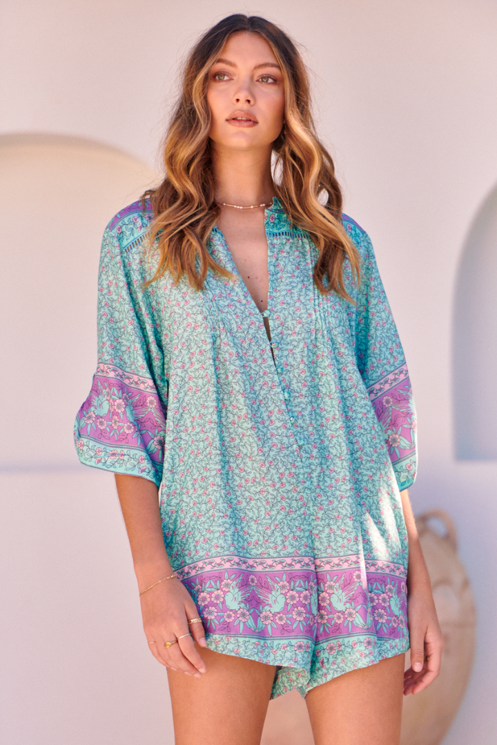 JAASE - Brinley Playsuit: Mandarin Collar with Buttoned Down Front in Aqua Love Birds Print