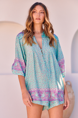 JAASE - Brinley Playsuit: Mandarin Collar with Buttoned Down Front in Aqua Love Birds Print