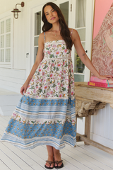 JAASE - Heidi Midi Dress: Tiered Sun Dress with Crochet Splicing in Pixie Petals Print